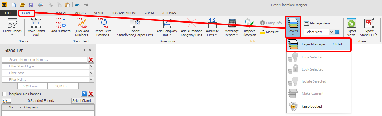 Screenshot: On the HOME menu, click the 'Layers' button and then 'Layer Manager'.