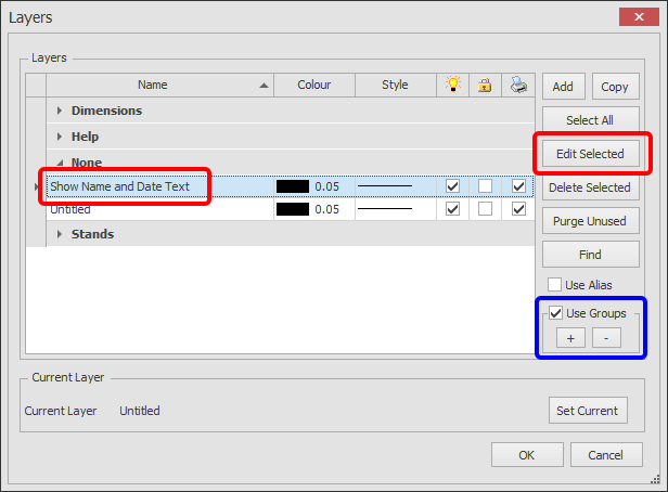 Screenshot: Now select the Layer(s) you would like to Add or Move to a Group and click the Edit Select