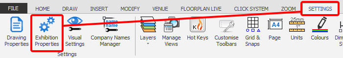 Screenshot: Click the 'Exhibition Properties' button which is located on the SETTINGS ribbon.