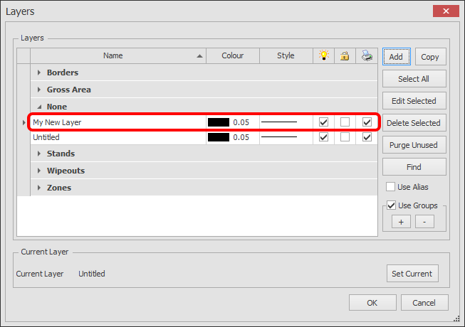 Screenshot: IMPORTANT: After adding a new layer, and when you click OK to close the Layers box, that l