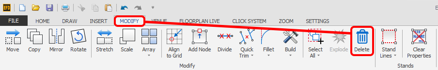 Screenshot: Once the logo is selected, press DEL on your keyboard or go to MODIFY > Delete as shown be
