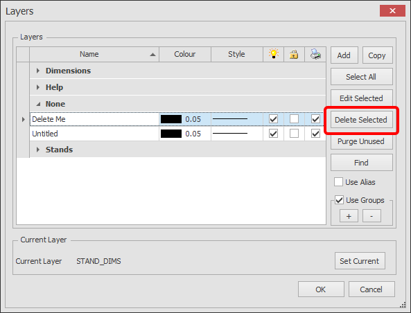 Screenshot: Now press the Delete Selected button as shown below. The layer will now be deleted, or if