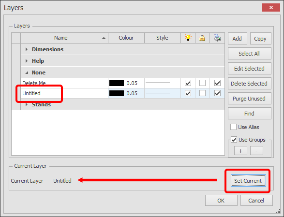 Screenshot: To do this, select any other layer and click the Set Current button as highlighted below.