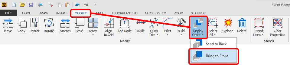 Screenshot: With the Circle selected, go to MODIFY > Display Order > Bring to Front, as shown below.