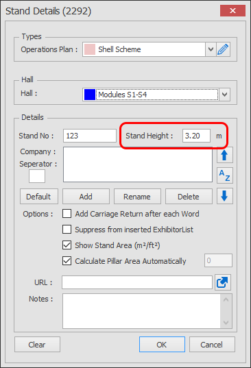 Screenshot: To edit the height of an individual stand, double click on the stand to load the Stand Det