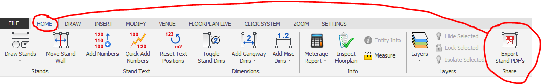 Screenshot: Now click the 'Export Stand PDFs' button which is located on the HOME ribbon.
