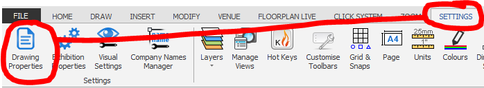 Screenshot: To configure this function go to SETTINGS > Drawing Properties as shown below: