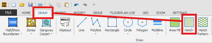 Screenshot: Click on the DRAW menu, then Hatch.