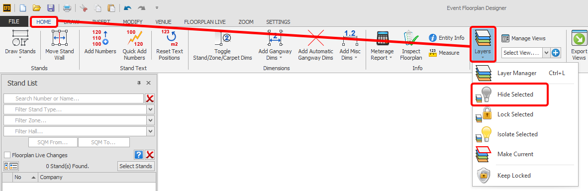 Screenshot: On the HOME menu, click the 'Layers' button and then 'Hide Selected'.