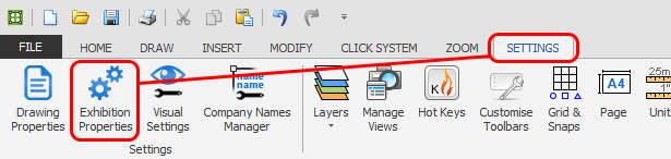 Screenshot: Click the 'Exhibition Properties' button which is located on the SETTINGS ribbon.