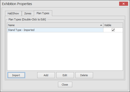 Screenshot: The selected Plan Type along with all of its Stand Types will now be imported as shown bel