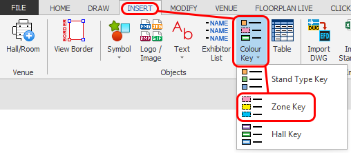 Screenshot: Click the 'Colour Key' button and then the 'Zone Key' button which is located on the INSER