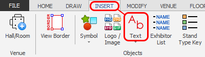 Screenshot: Click on the 'Insert Text' button which is located on the INSERT ribbon. The dialog box p