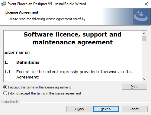 Screenshot: The next dialog box shows you the licence agreement, please read this carefully and then s