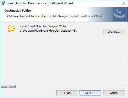 Screenshot: The next dialog box shows you the folder where Event Floorplan Designer will be installed.