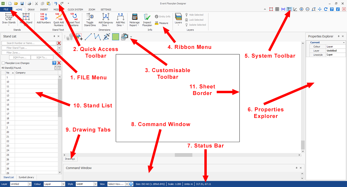 Screenshot: Get to know the screen layout for Event Floorplan Designer, because knowing where things a