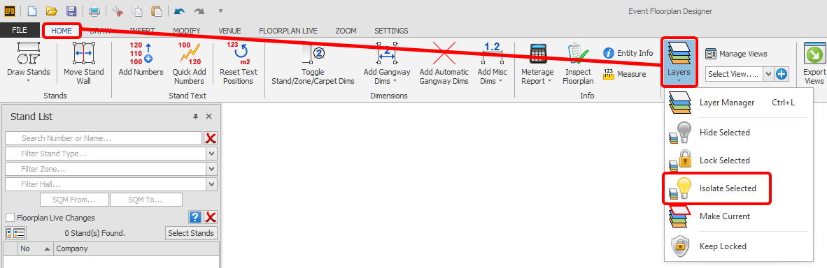 Screenshot: On the HOME menu, click the 'Layers' button and then 'Isolate Selected'.