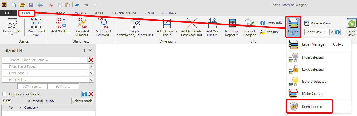 Screenshot: On the HOME menu, click the 'Layers' button and then 'Keep Locked'.