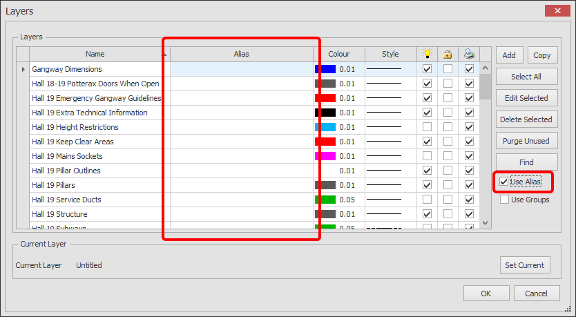 Screenshot: When this option is ticked an additional column is shown in the layer list (shown below).