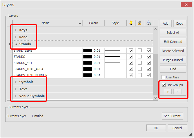 Screenshot: The Plus and Minus buttons below the Use Groups option expand and collapse the groups.