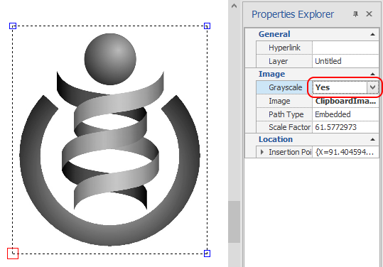Screenshot: In the Properties Explorer, change the Grayscale option to Yes, your image will now turn G