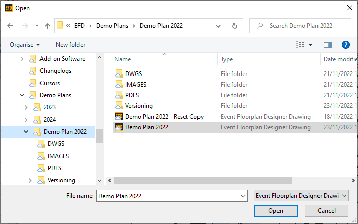 Screenshot: Navigate your folders to find your drawing, then click Open.