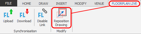 Screenshot: Click on the 'Reposition Drawing' button which is located on the 'FLOORPLAN LIVE' ribbon.