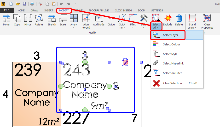 Screenshot: Now go to MODIFY > Select All (bottom half of button) > Select Layer as shown below.