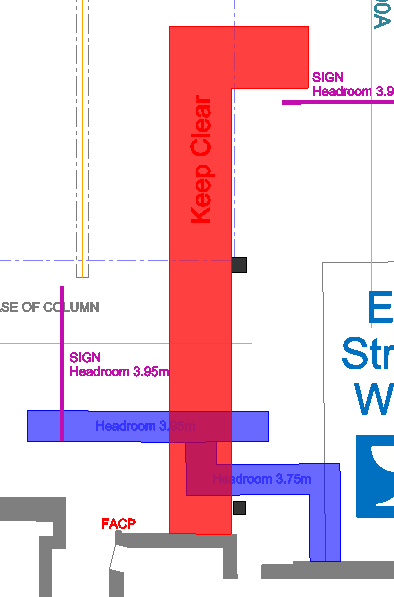 Screenshot: The left hand drawing shows the venue supplied headrooms, keep clear areas etc. The right