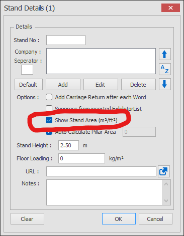 Screenshot: Now tick or untick the 'Show Stand Area' to hide / show the SQM for this individual stand.