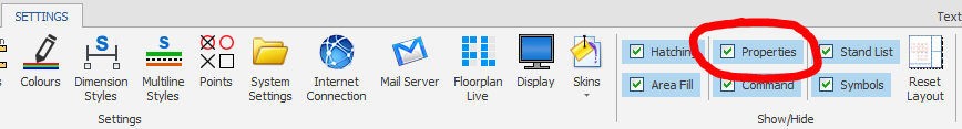 Screenshot: Make sure the Properties Explorer is open, if it is not, go to SETTINGS and tick 'Properti
