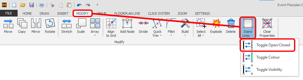 Screenshot: Click the 'Toggle Open/Closed' button which is located on the MODIFY ribbon in the Stands