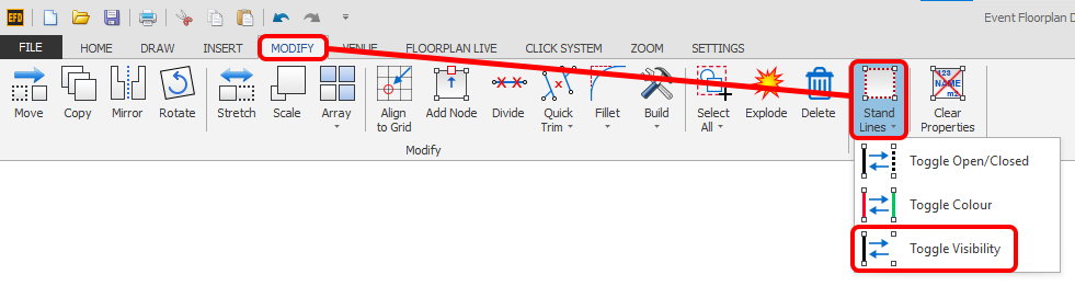 Screenshot: Click the 'Toggle Visibilty' button which is located on the MODIFY ribbon in the Stands se