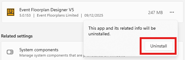 Screenshot: Another message will appear, click Uninstall again.