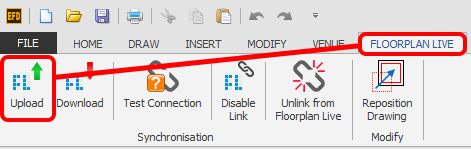 Screenshot: Click on the 'Upload' button which is located on the 'FLOORPLAN LIVE' ribbon.