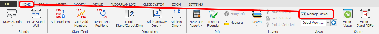 Screenshot: Click on the 'Manage Views' button which is located on the HOME menu ribbon.
