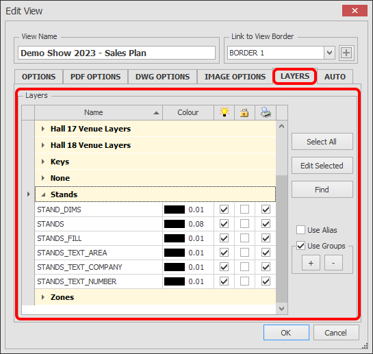 Screenshot: NOTE: You cannot change Layer colours per View, the colours are only shown for reference.