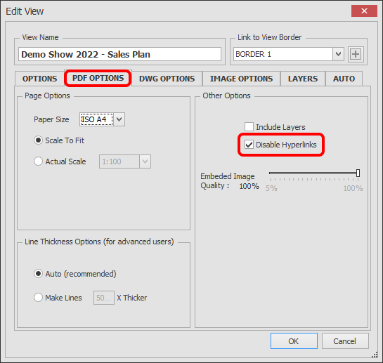 Screenshot: To disable Hyperlinks in the exported PDF, tick the 'Disable Hyperlinks' option as highlig